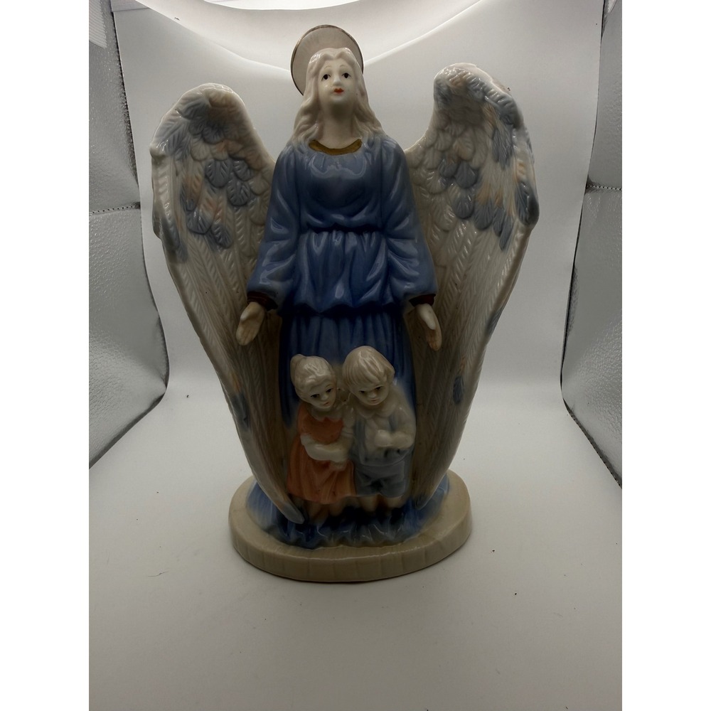 Vintage Guardian Angel Figurine Ceramic Statue Blue Wings Children Religious Dec
